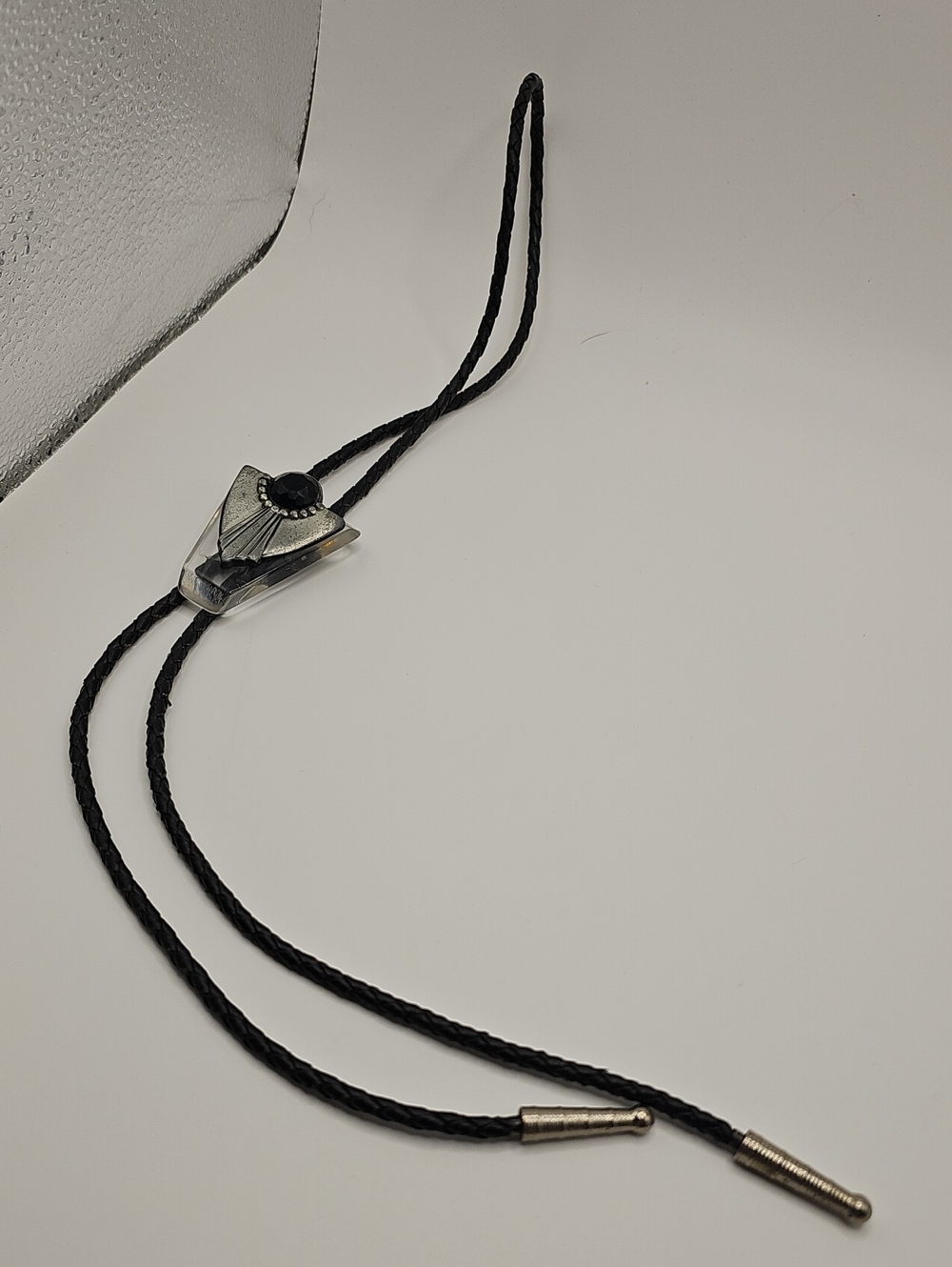 VINTAGE-Black Braided Leather Bolo Tie Accent Lucite/acrylic Resin.